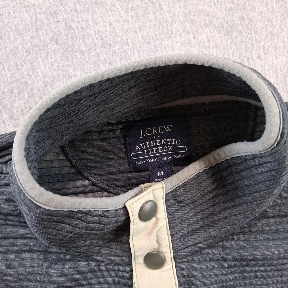J. Crew Authentic Fleece Pullover Mens Medium Gray Ribbed Snap Mock Neck